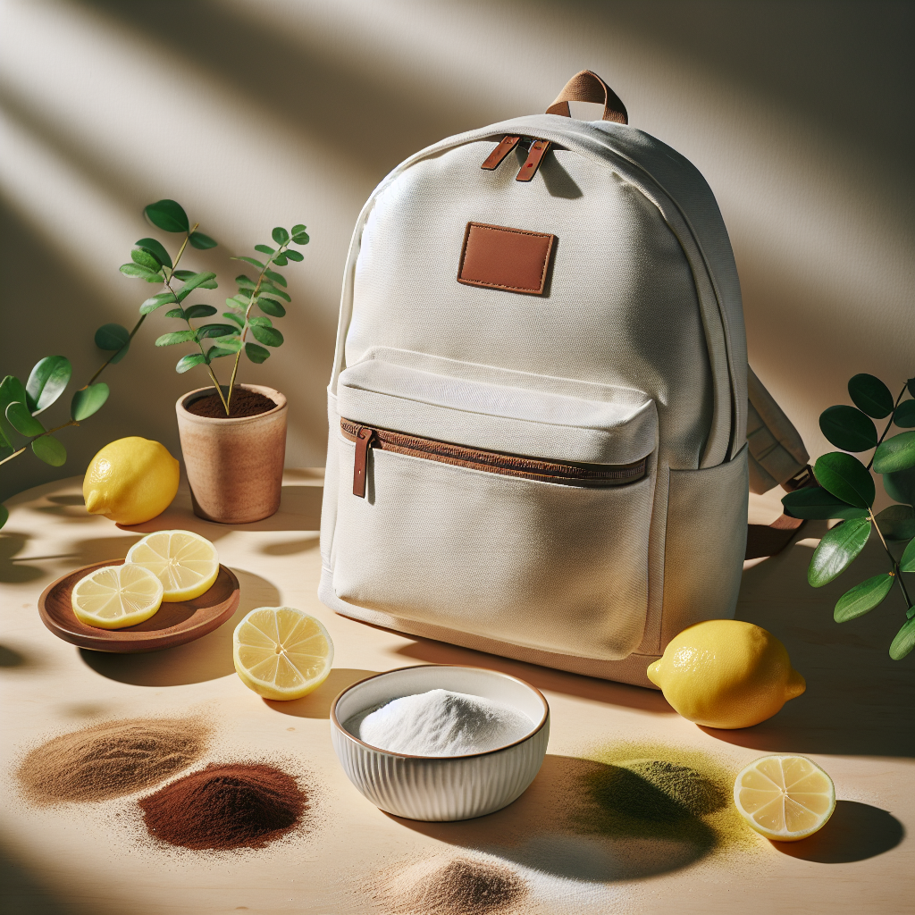 A clean, fresh-looking backpack is placed on a light wooden surface. Around it are small, open containers or piles of natural odor absorbers: a white bowl of baking soda, a few scattered fresh coffee grounds, and bright, freshly cut lemon slices. Soft, warm sunlight streams into the scene, highlighting the cleanliness and freshness, creating an inviting and helpful atmosphere. Product photography style, bright and clean.
