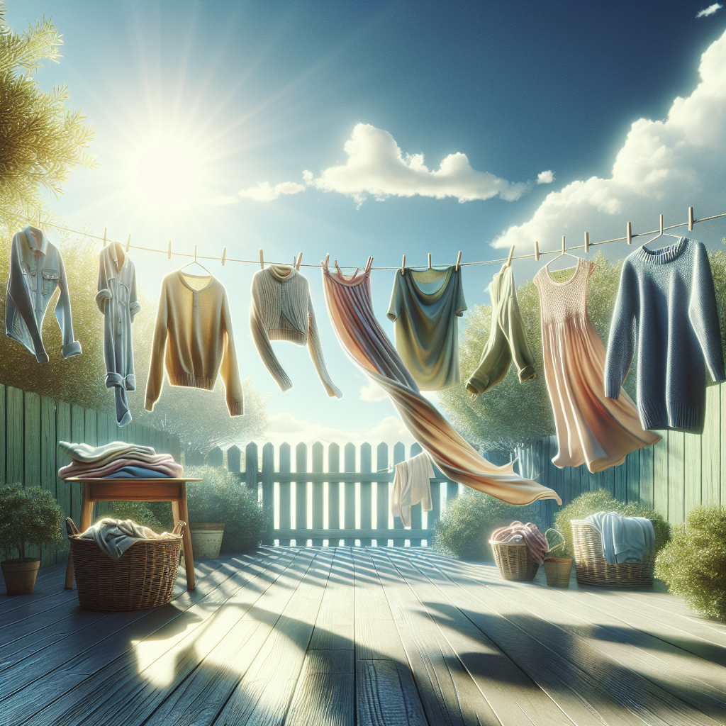 A cozy home scene with various garments, like a jacket and a sweater, hanging on a clothesline outside in a sun-drenched garden. A gentle breeze is visible, and the sky is clear blue. The overall atmosphere is fresh, clean, and natural, evoking a sense of fabrics airing out naturally. Realistic, bright lighting.