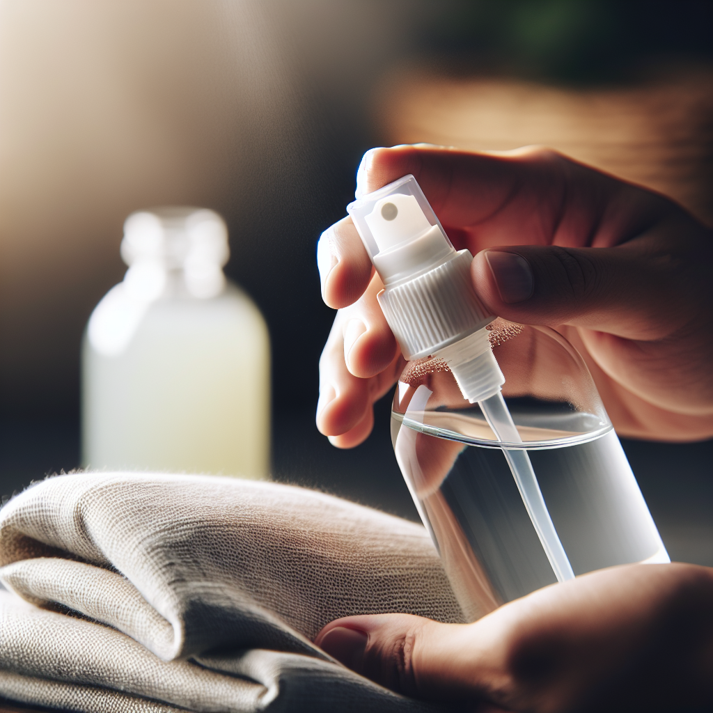 Close-up shot of hands holding a clear spray bottle, lightly misting a textile, such as a folded sweater or a cushion cover. The liquid inside the bottle is clear, representing a vinegar-water mixture. In the soft-focus background, a bottle of white vinegar is subtly visible. The scene is clean, practical, and highlights a natural home remedy. Studio lighting, soft focus on background.