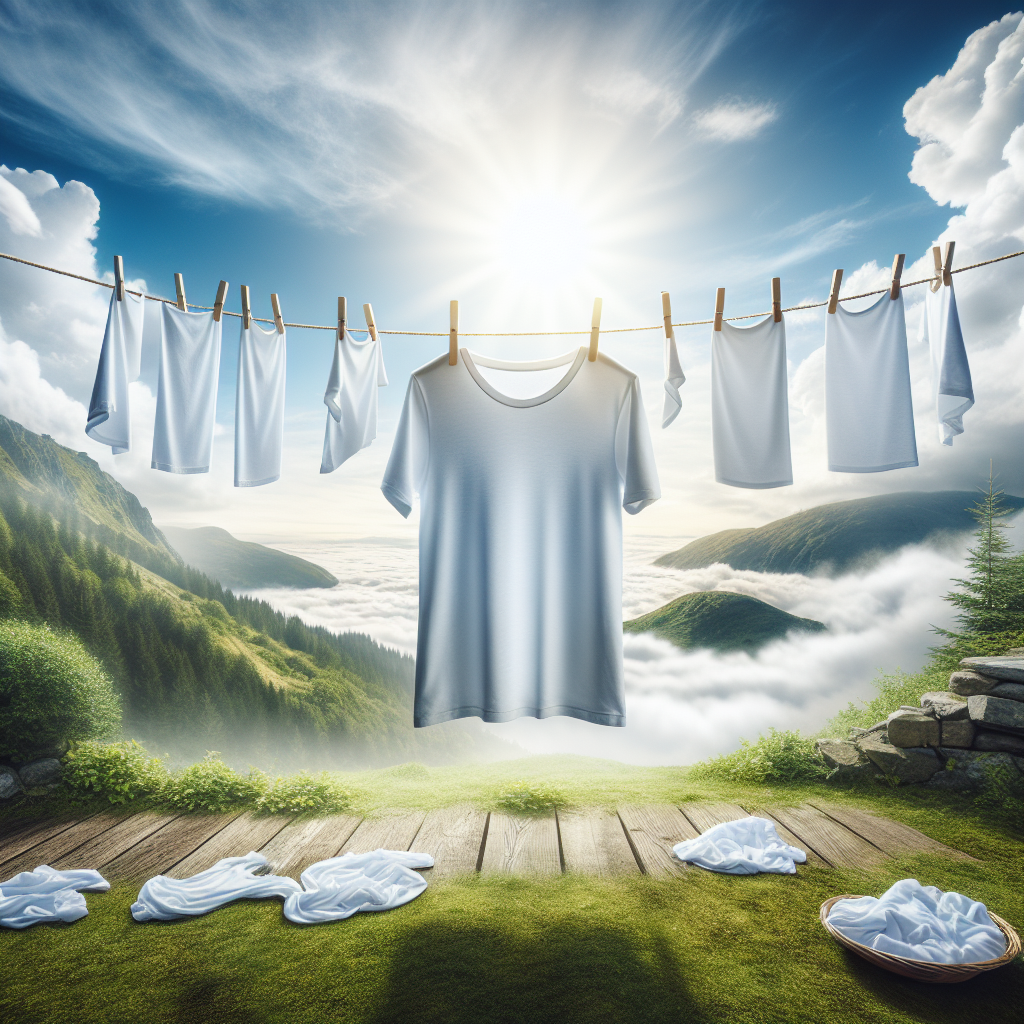 A crisp, white t-shirt hanging on a clothesline outdoors, gently swaying in a light breeze on a sunny day. The background is blurred nature, symbolizing instant freshness and quick odor removal without washing. Soft, natural lighting, clean and refreshing aesthetic.