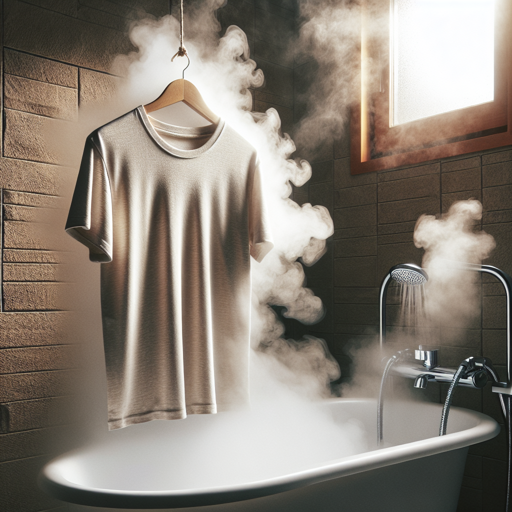 A soft cotton t-shirt hanging casually inside a steamy bathroom, with visible gentle vapor rising around it. A hot shower is implied in the background, creating an atmosphere of warmth, cleansing, and quick refreshment for the fabric without a washing machine. Focus on the interplay of steam and textile texture.