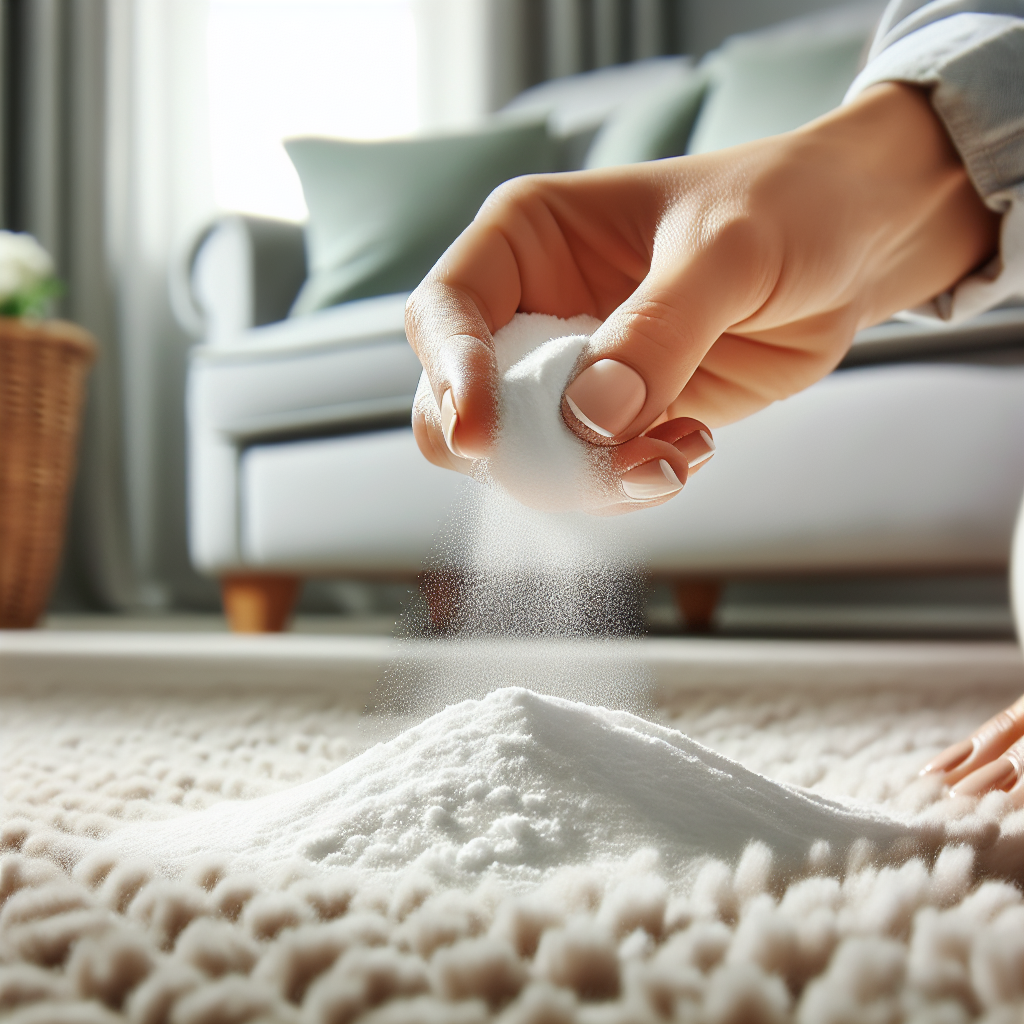 A close-up, bright and clean image of hands gently sprinkling a generous amount of white baking soda powder onto a plush, light-colored carpet. The background is softly blurred, hinting at a cozy, well-lit living room. The scene evokes a sense of natural cleaning, freshness, and effective home remedies for odors.