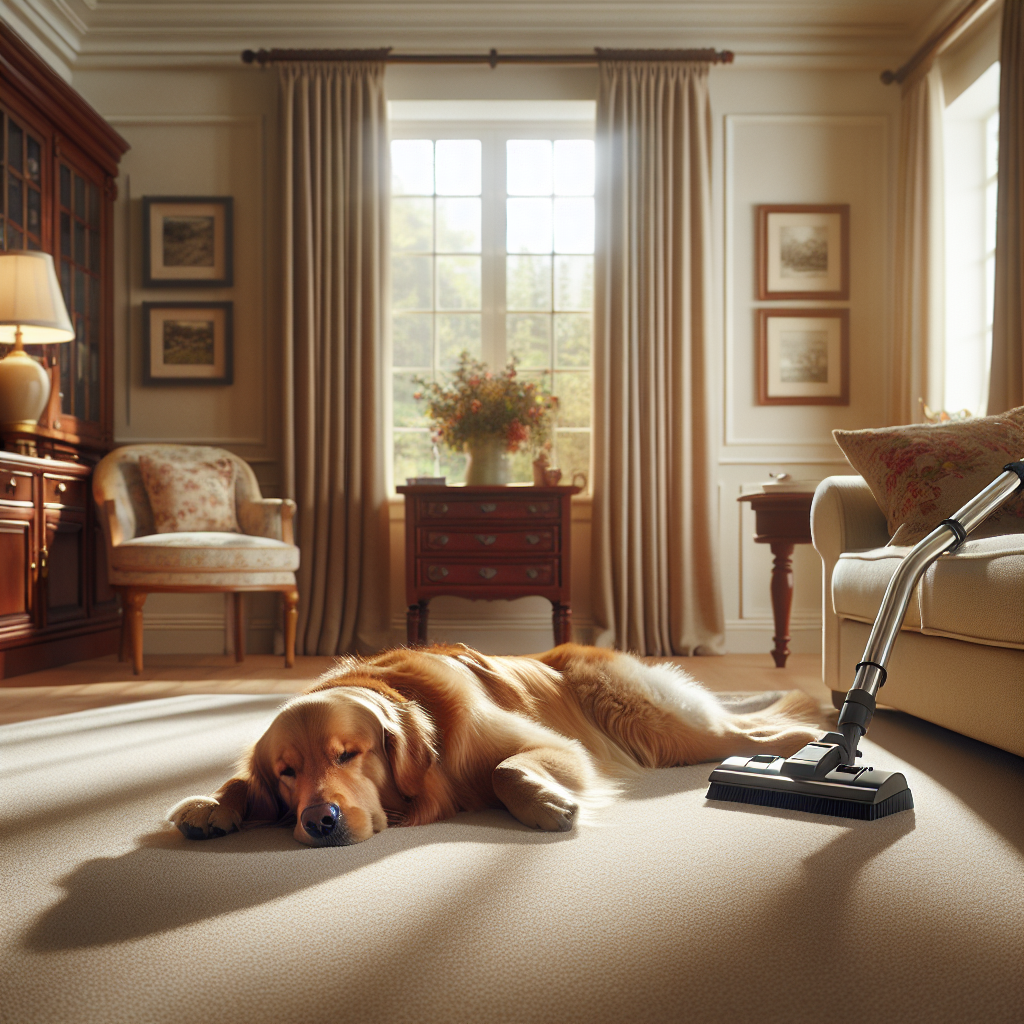 A warm and inviting living room scene with a freshly cleaned, plush carpet. A happy, well-groomed golden retriever dog is comfortably napping on the carpet, bathed in soft, natural sunlight streaming through a window. The room feels airy, clean, and free from any unpleasant odors, emphasizing a peaceful and fresh home environment even with pets. High detail, realistic photography style.
