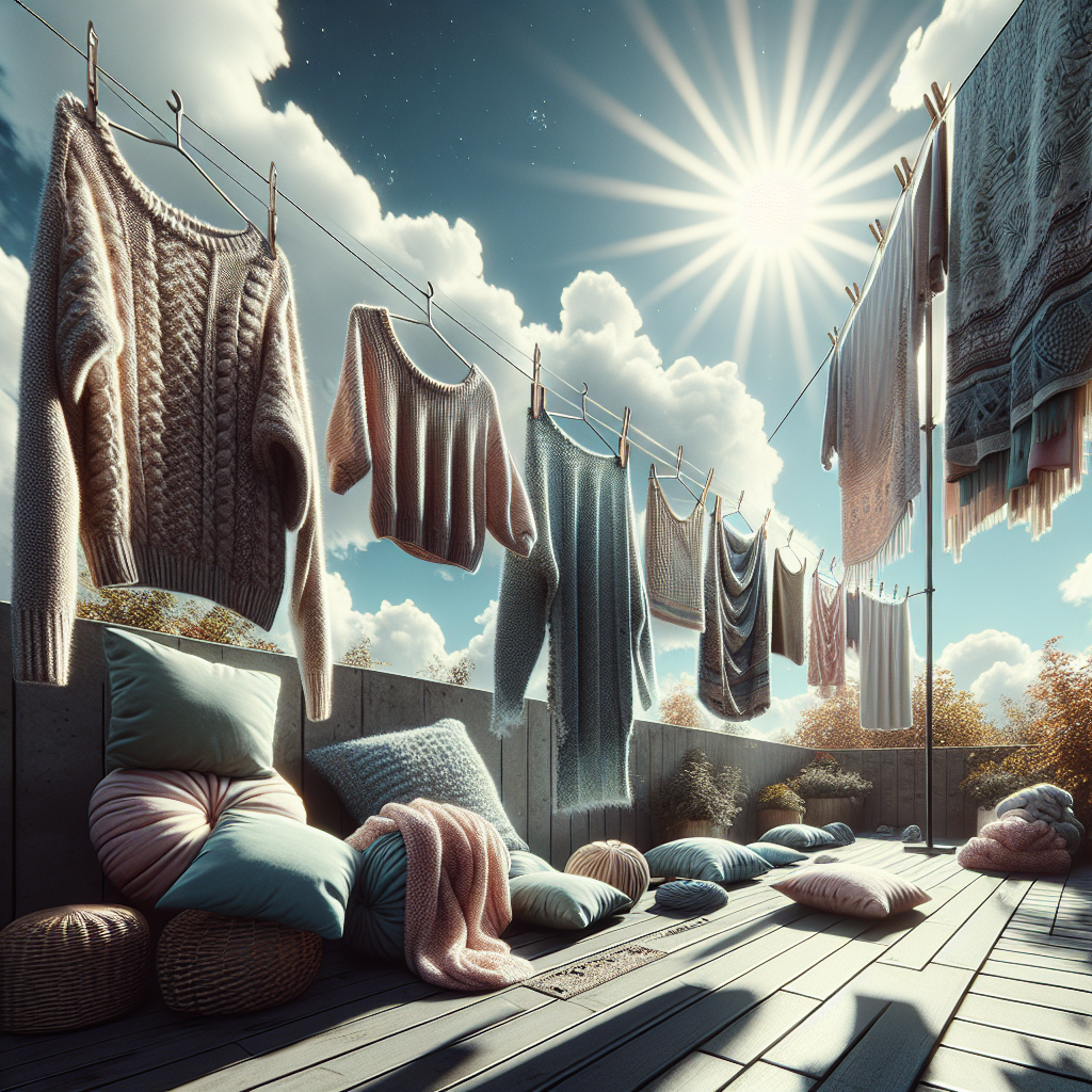 A modern, clean image of various textiles like a sweater, a blanket, and a cushion hanging outdoors on a clothesline or balcony, gently swaying in a light breeze. The sun is shining, conveying freshness and natural odor removal. Focus on the textures of the fabrics and the clear, open sky in the background. Realistic, bright aesthetic.