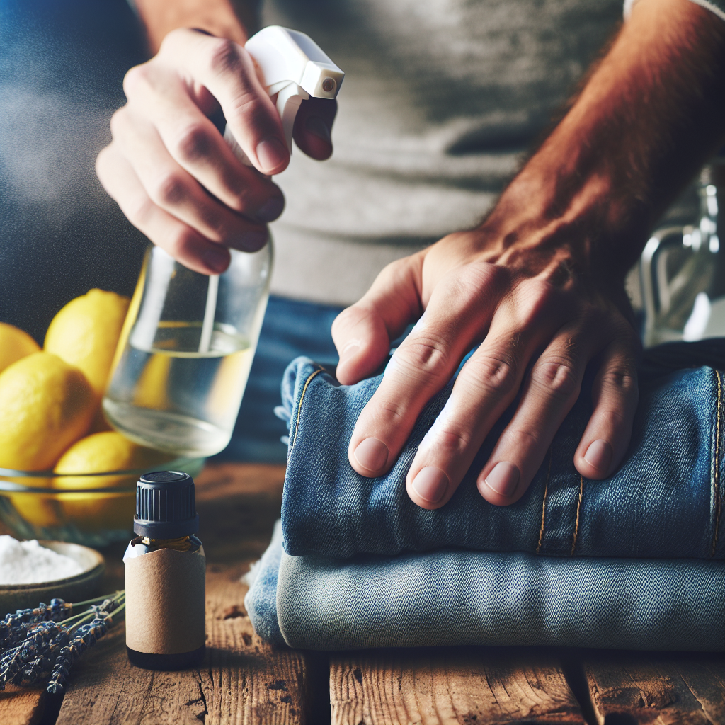 A close-up shot of a hand holding a spray bottle, misting a fabric like a sofa cushion or a jacket. In the soft-focus background, a small glass bowl with lemon slices, a bottle of white vinegar, and a tiny bottle of lavender essential oil are visible on a wooden surface, suggesting the ingredients for a DIY textile freshener. The scene is bright, clean, and has a practical, inviting feel.