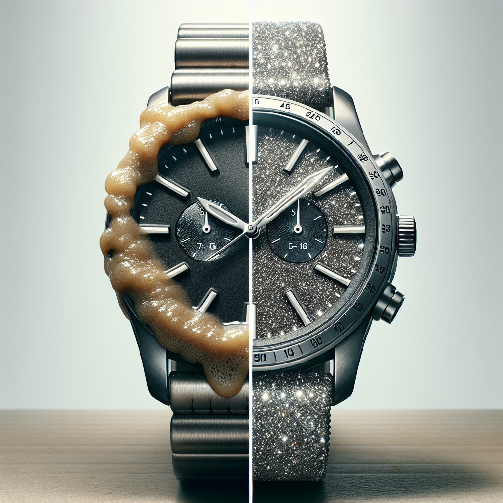 A realistic split image showing two wristwatches side-by-side. On the left, a watch with a dull, slightly discolored strap, subtly implying an unpleasant odor. On the right, the same model watch with a sparkling clean, fresh-looking strap, radiating a sense of newness and hygiene. Clean, bright studio lighting.