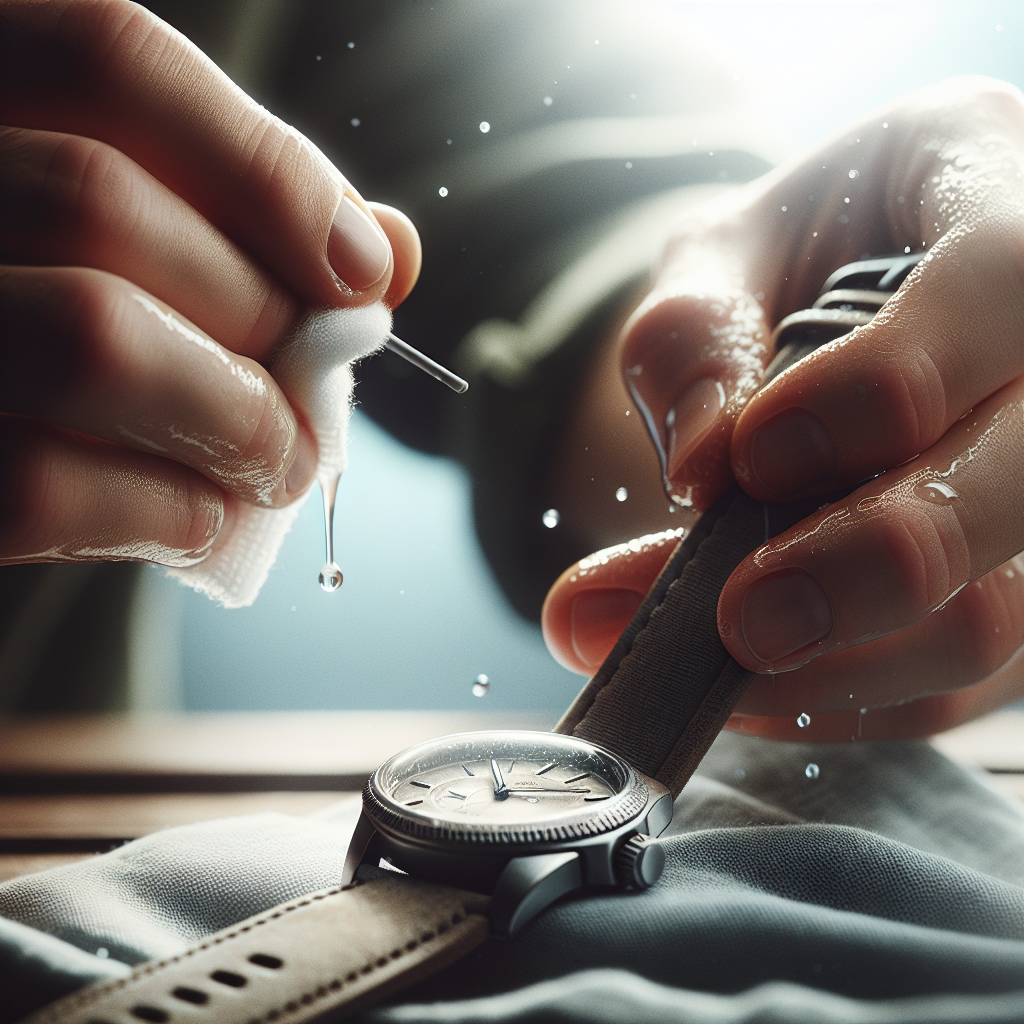 A close-up shot of hands gently cleaning a watch strap. One hand holds a watch with a generic, slightly worn strap (could be leather or silicone), while the other hand uses a soft cloth dampened with a mild cleaning solution (subtle bubbles or water droplets visible) to wipe it clean. The background is blurred, focusing on the careful cleaning process. Bright, natural light.