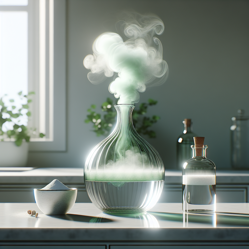 A beautiful, modern glass vase on a clean kitchen counter, subtly emitting a light green, slightly swirling vapor from its opening, symbolizing an unpleasant odor. Next to it, a bottle of white vinegar and a small bowl of baking soda are clearly visible, suggesting a solution. The setting is bright and clean, with natural light, in a high-quality product photography style.