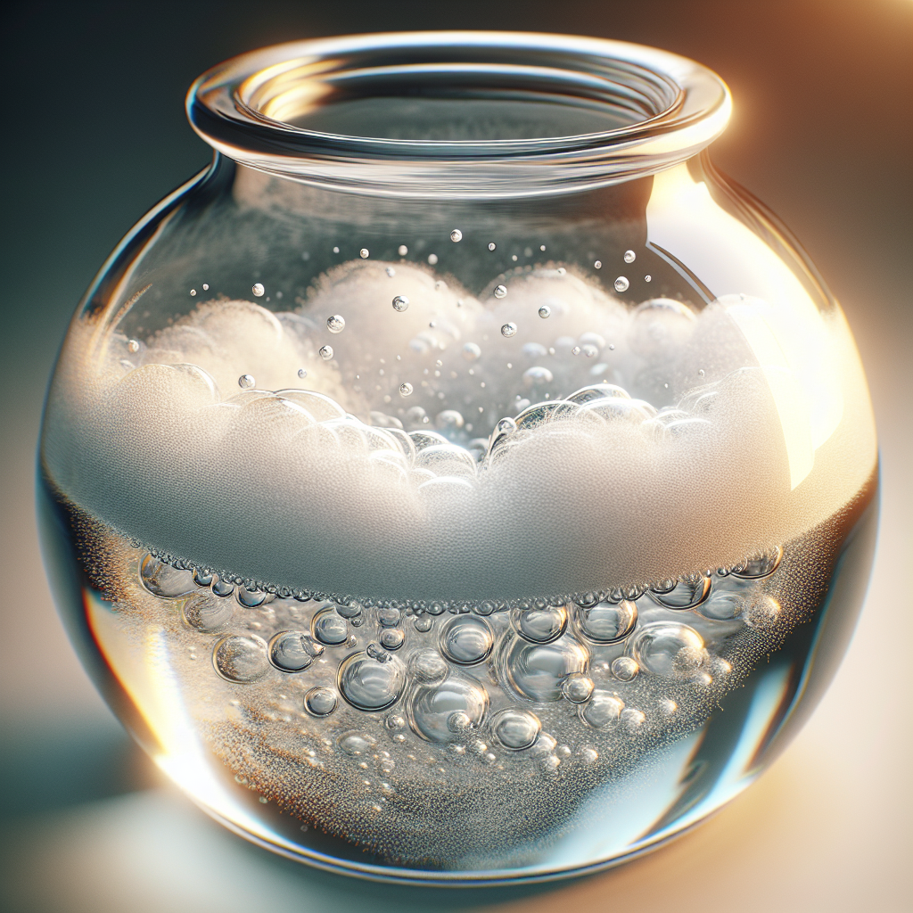 A close-up, eye-level shot of a transparent glass vase being cleaned. Inside the vase, warm water is mixed with white baking soda, creating a gentle, effervescent fizzing and bubbling effect, visibly loosening grime from the interior. The vase is sparkling clean on the outside, reflecting warm, soft light. Shallow depth of field, natural light, focus on the active cleaning process.
