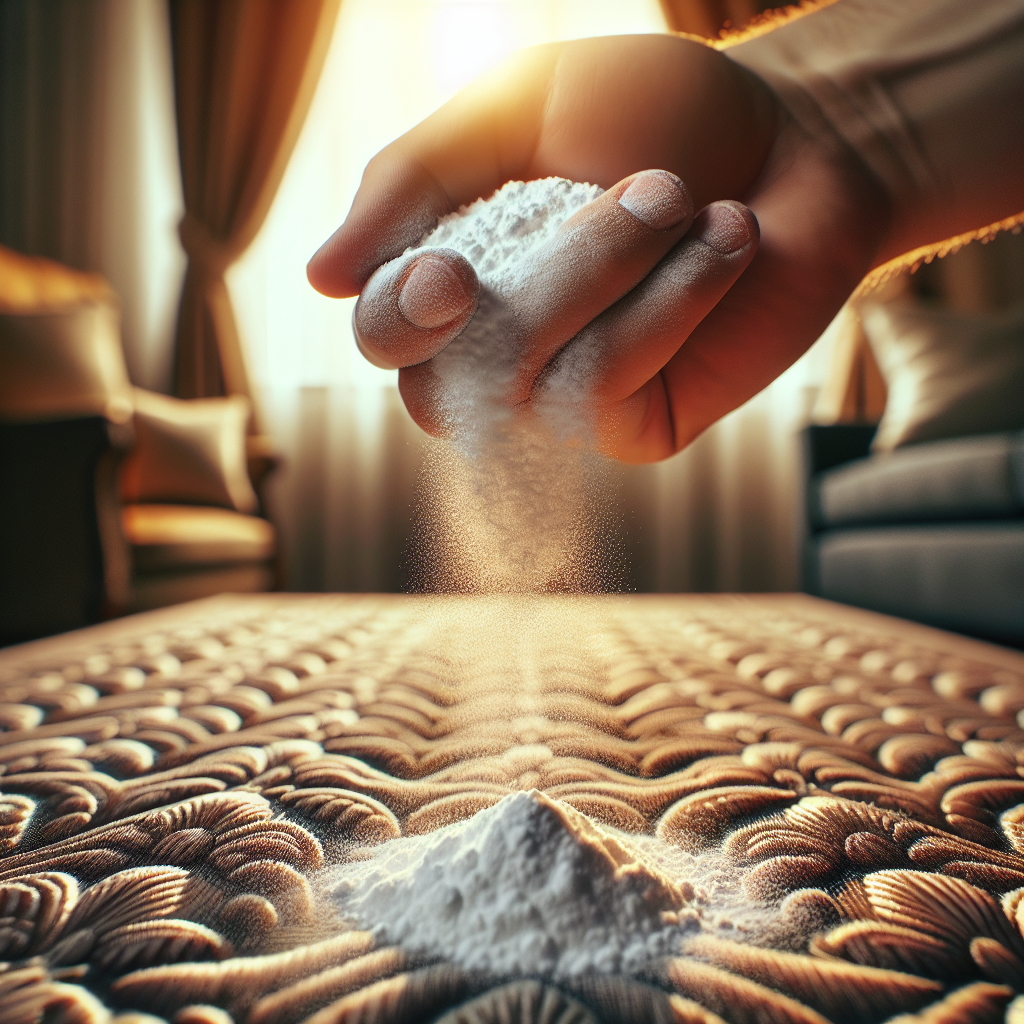 A close-up shot of a hand gently sprinkling white baking soda powder onto a textured fabric curtain in a cozy living room. Soft, natural light illuminates the scene, emphasizing the act of using a home remedy for odor removal.