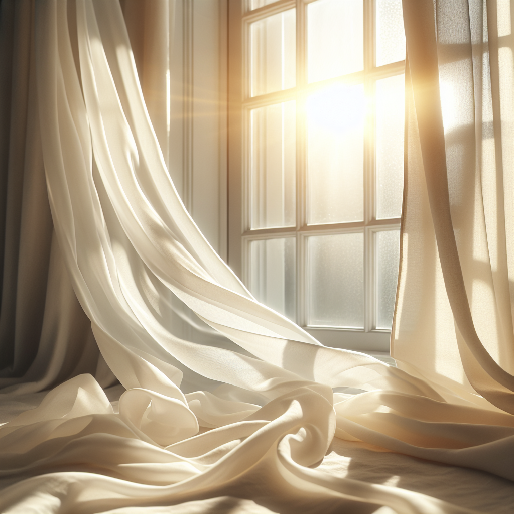 A bright and airy image of a beautiful, clean white fabric curtain billowing gently in a fresh breeze from an open window. Golden sunlight streams through, highlighting the soft fabric and creating a strong sense of freshness and an odor-free home atmosphere.