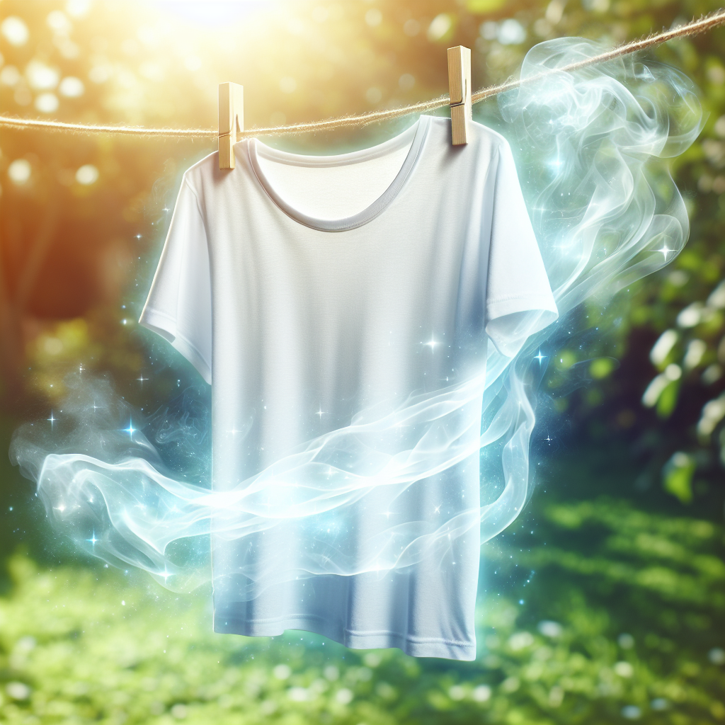 A clean white t-shirt hanging on a line outdoors, gently swaying in a fresh breeze under soft sunlight. Subtle, almost invisible swirls of unpleasant odor are visibly dissipating from the shirt, replaced by a soft glow of freshness. Emphasize natural light and a serene, airy atmosphere. No washing machine present. Realistic, bright, inviting.