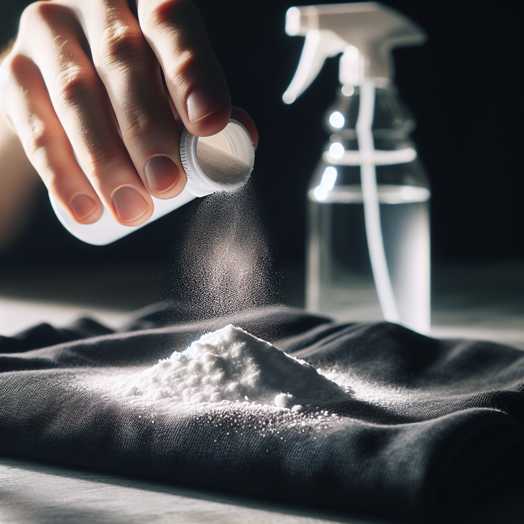 A close-up shot of a hand gently sprinkling white powder (representing baking soda) onto a dark fabric garment, which is lying flat on a clean surface. In the soft background, a spray bottle with a clear liquid (representing vinegar solution) is subtly visible. The focus is on the DIY, natural methods to refresh clothes without washing. The scene should be clean, well-lit, and emphasize effective home remedies. Realistic, macro photography style.