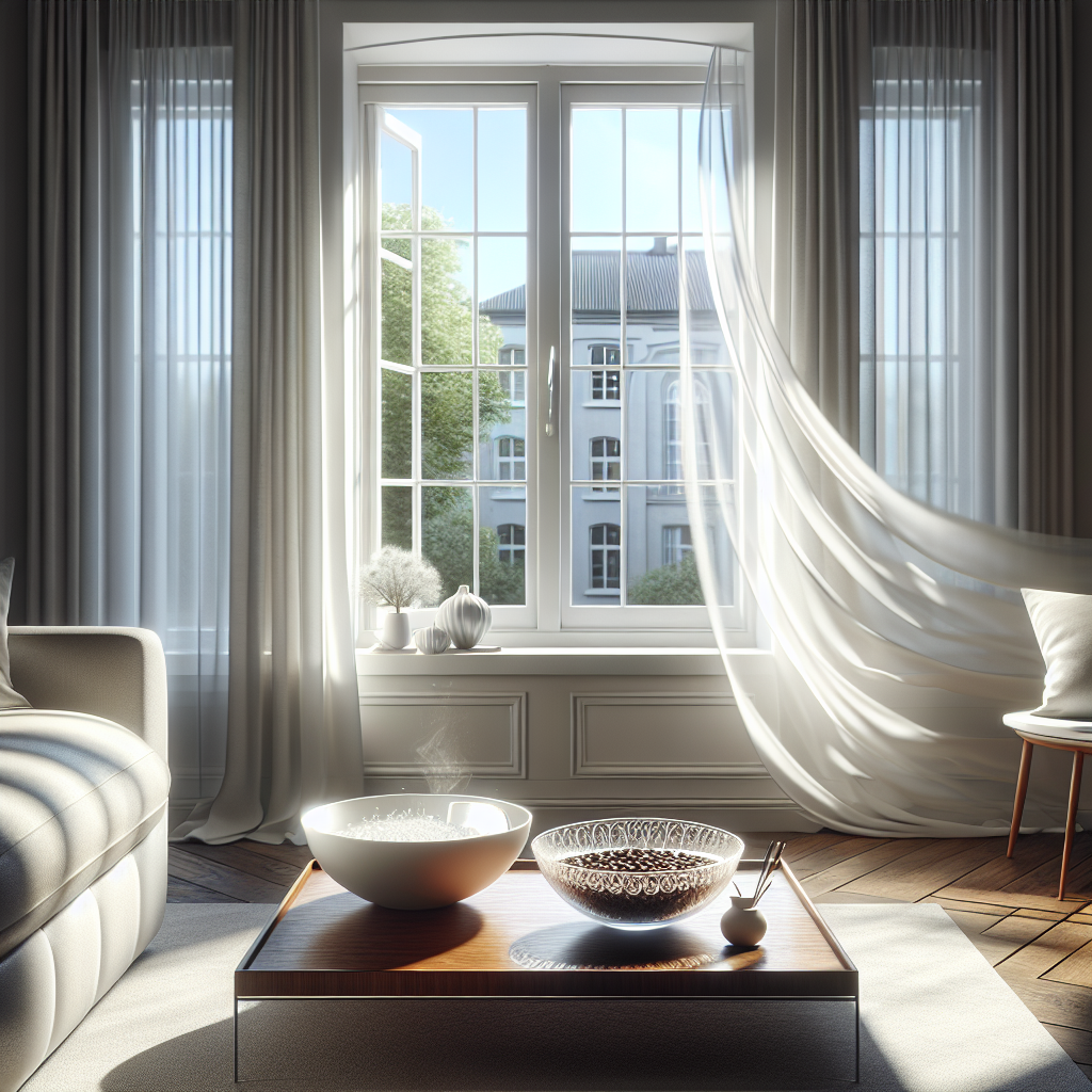 A bright, modern apartment living room with an open window, letting in fresh air and abundant sunlight. Sheer white curtains gently billow in the breeze. On a sleek wooden coffee table, there's an elegant white bowl filled with aromatic coffee beans and a small glass bowl with clear liquid (vinegar), subtly representing odor neutralizers. The room feels clean, fresh, and inviting. High-key lighting, soft, natural colors, realistic photography style.
