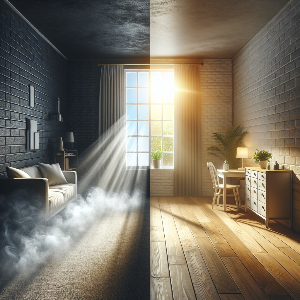 A conceptual image illustrating odor removal from an apartment. On one side, a slightly dark, somewhat hazy corner with a subtle hint of unpleasantness. On the other side, the same corner is transformed into a brightly lit, pristine space with a visible ray of sunlight and pure, clear air. A subtle, dynamic visual element suggests the bad air being actively replaced by fresh air, emphasizing cleanliness and renewal. Realistic, cinematic lighting, high contrast.
