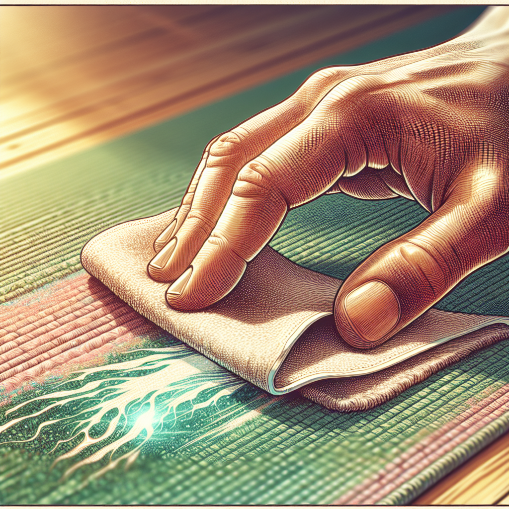 A close-up shot of a yoga mat, slightly discolored and showing a faint, stylized visual representation of an unpleasant odor (like a few wavy lines or a subtle green tint). A hand holding a cleaning cloth is actively wiping the mat, and the wiped area already looks noticeably cleaner and fresher. Soft, warm lighting, high detail.