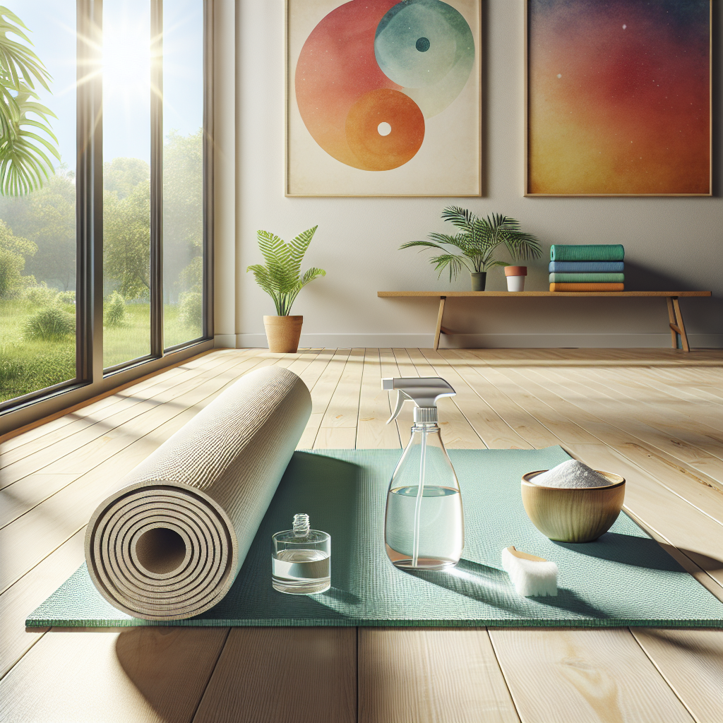 A perfectly clean and fresh yoga mat unrolled on a light wooden floor in a bright, sunlit room. Next to the mat are natural cleaning ingredients: a spray bottle filled with a clear liquid (representing a vinegar solution) and a small bowl of white powder (representing baking soda). A sense of peacefulness and hygiene, studio quality, vibrant colors.