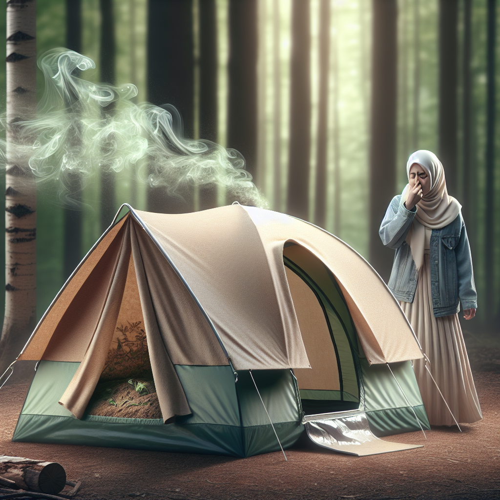 A realistic outdoor shot of a camping tent pitched in a forest clearing. Subtle, wispy light green-brown vapor or stylized 'stink lines' are gently rising from the tent's entrance, implying a bad, musty odor. The scene is slightly desaturated, emphasizing the unwelcome smell. A person in the background is subtly wrinkling their nose, with a slight look of discomfort.