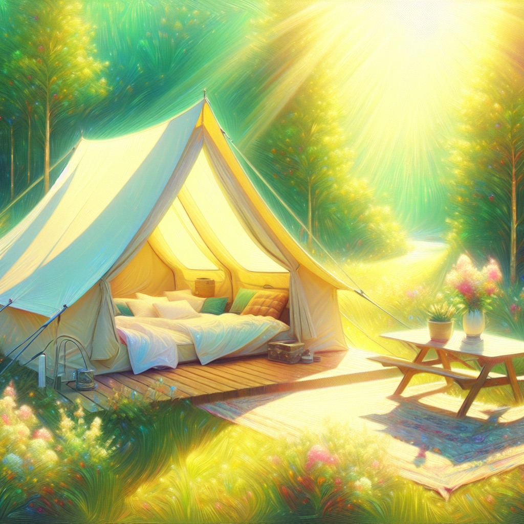 A bright and fresh scene of a clean, light-colored camping tent pitched outdoors on a sunny day. The tent's entrance and windows are wide open, allowing ample sunlight and fresh air to circulate. The surrounding nature is vibrant and inviting, conveying a strong sense of freshness and cleanliness. The image should evoke a feeling of purity and a pleasant, airy scent.