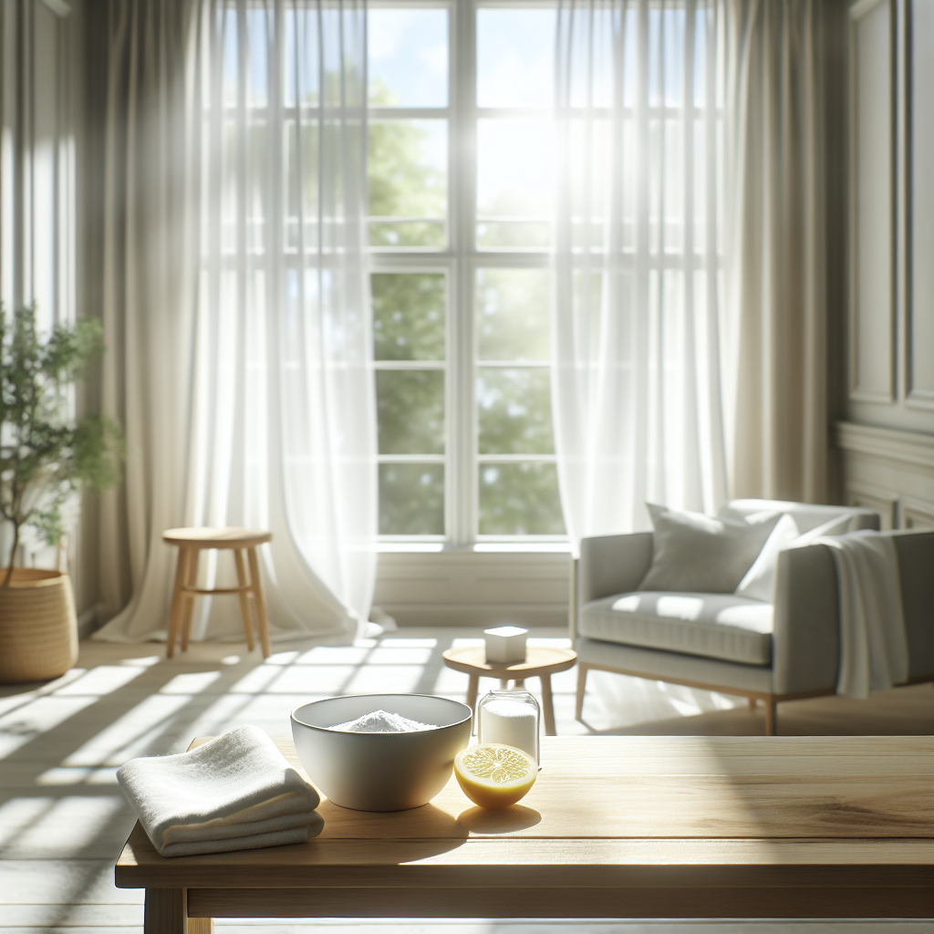 A bright and airy living room with large, open windows letting in a gentle breeze and bright sunlight. Sheer white curtains billow softly. On a minimalist wooden table in the foreground, a small white ceramic bowl contains baking soda, and next to it are a few freshly cut lemon slices. The overall atmosphere is one of cleanliness, freshness, and peace. High-quality photography, soft focus in background.