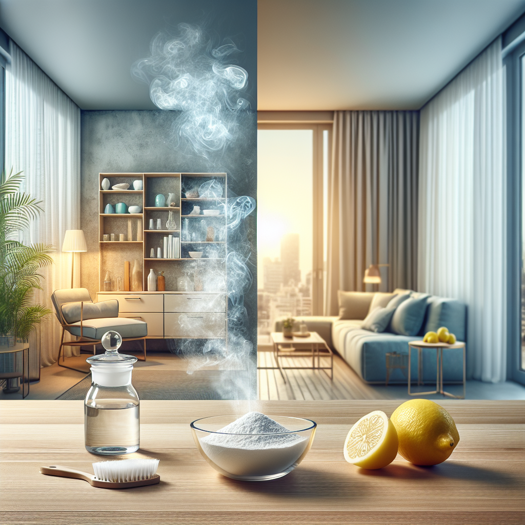 A visual representation of odor removal in a home. On the left, subtle, almost transparent wisps of grey, stale air are receding from a room. On the right, a clear, vibrant burst of fresh air and light enters through an open window. In the center foreground, a neatly arranged collection of natural odor remedies: a small glass bowl of white vinegar, a clean pile of baking soda, and a few vibrant lemon halves on a light wooden surface. The room background is clean and modern. Realistic, high detail.