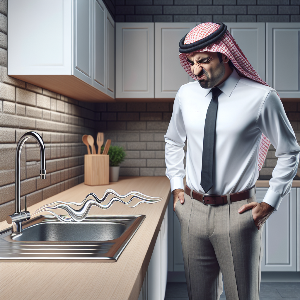 A person standing in a modern, clean kitchen, wrinkling their nose and looking disgusted at a faint, unpleasant smell emanating from the kitchen sink drain. Subtle wavy lines represent the bad odor. The scene is well-lit and realistic, focusing on the person's reaction and the source of the smell. Photorealistic.