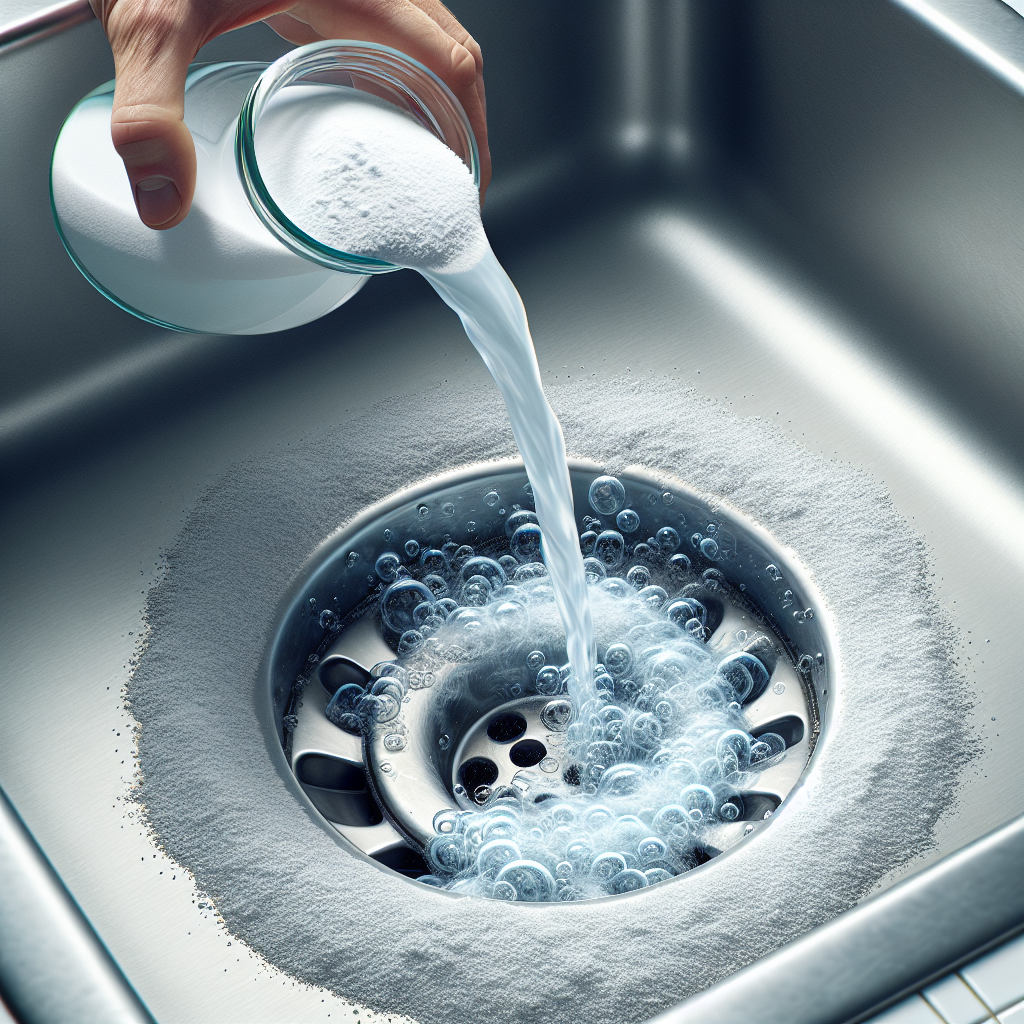 A close-up, high-angle shot of a kitchen sink drain. White baking soda powder is being poured into the drain, followed by a stream of clear vinegar, causing a dynamic, effervescent, and bubbling chemical reaction within the drain. The scene is bright, clean, and highlights the process of a home remedy. Photorealistic.