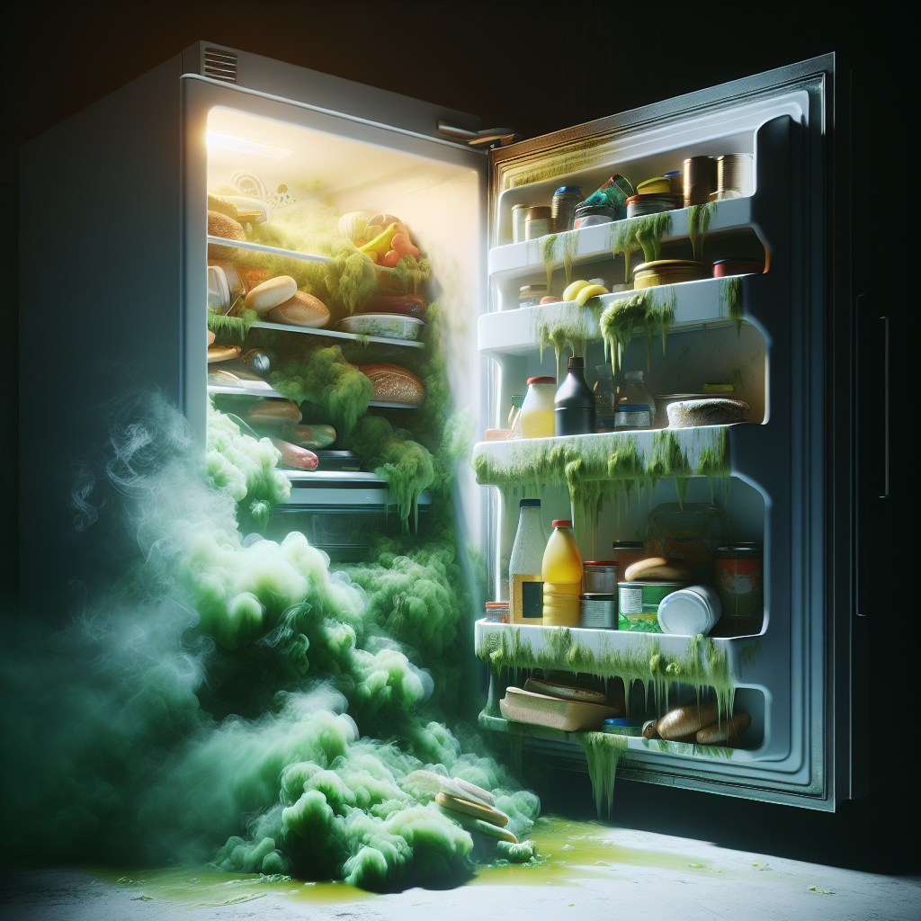 A close-up, slightly open refrigerator door revealing a messy, cluttered interior with various food items, some looking old or spilled. Subtle, unpleasant green-yellow fumes visually represent a bad odor emanating from within. The lighting is slightly dim, emphasizing the problem. Realistic photography style.