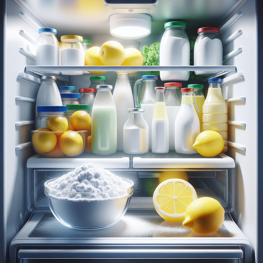 A pristine, sparkling clean refrigerator interior, brightly lit and organized. A small open bowl of baking soda and a cut lemon are visible on one of the shelves, symbolizing freshness and effective odor removal. The scene evokes a sense of cleanliness and hygiene. Realistic photography style.