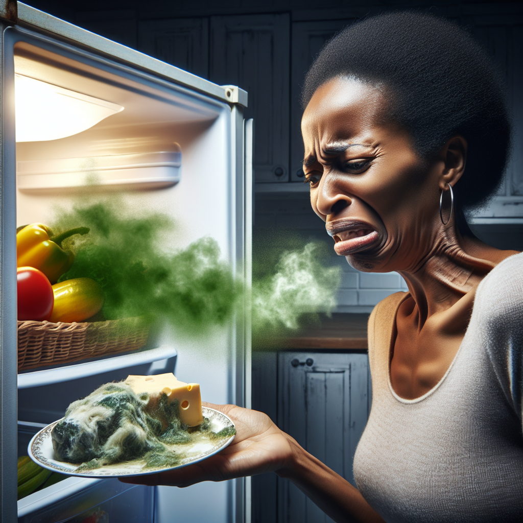 A person with a disgusted expression recoiling from an open, slightly messy refrigerator emitting a subtle, hazy green 'odor cloud'. Inside, there are a few forgotten, slightly spoiled food items like a moldy piece of cheese and a wilting vegetable. Realistic photo, dramatic lighting.