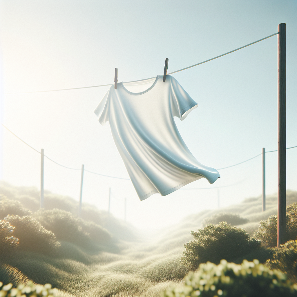 A fresh, clean new white t-shirt hanging on a minimalist clothesline outdoors, gently swaying in a light breeze under a clear sky. Soft sunlight illuminates the fabric, conveying a sense of natural ventilation and freshness. Blog article style, bright and airy.