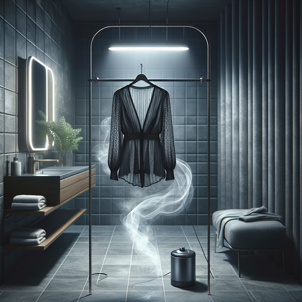 A modern, clean bathroom scene with a stylish, dark colored blouse hanging on a hook, with soft steam gently rising around it, symbolizing odor removal through steaming. Subtle hints of a hot shower or a handheld steamer nearby. Clean aesthetic, soft lighting, blog article style.
