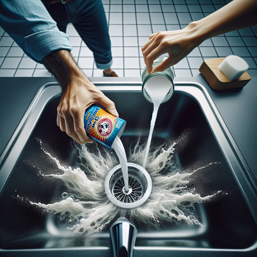 Action shot from a low angle, showing hands pouring white powder (baking soda) into a sparkling clean kitchen sink drain, followed by a clear liquid (vinegar) that creates a gentle, active bubbling reaction around the drain opening. The background is a subtly blurred modern kitchen counter. The image conveys a sense of effective home remedy and cleanliness, with a focus on the hands and the bubbling action. Realistic, bright, high-resolution photography.