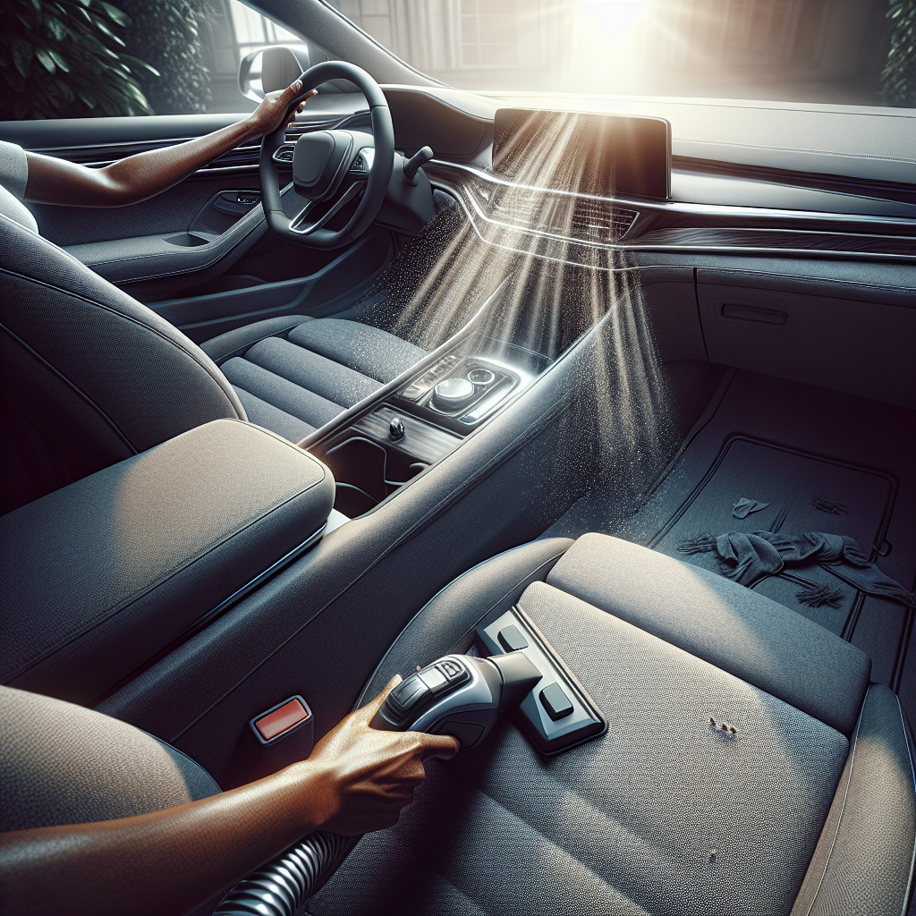 A detailed, realistic photograph of the interior of a modern car being thoroughly cleaned. A person's hands are visible, expertly using a car vacuum cleaner on the fabric seats and floor mats. Sunlight streams in through the window, highlighting dust motes and suggesting a fresh atmosphere. The car interior looks meticulously cared for and renewed, emphasizing the transformation from a messy, odorous space to a clean, inviting one. Professional cleaning aesthetic.