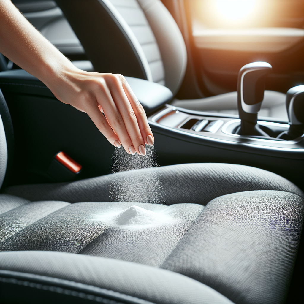 A close-up, professional photograph showing a hand gently sprinkling a white powder, clearly identifiable as baking soda, onto the fabric upholstery of a car seat. The background is softly blurred, showing other parts of a clean car interior. The lighting is bright and clean, emphasizing a simple, effective method for neutralizing odors and promoting freshness in the vehicle.
