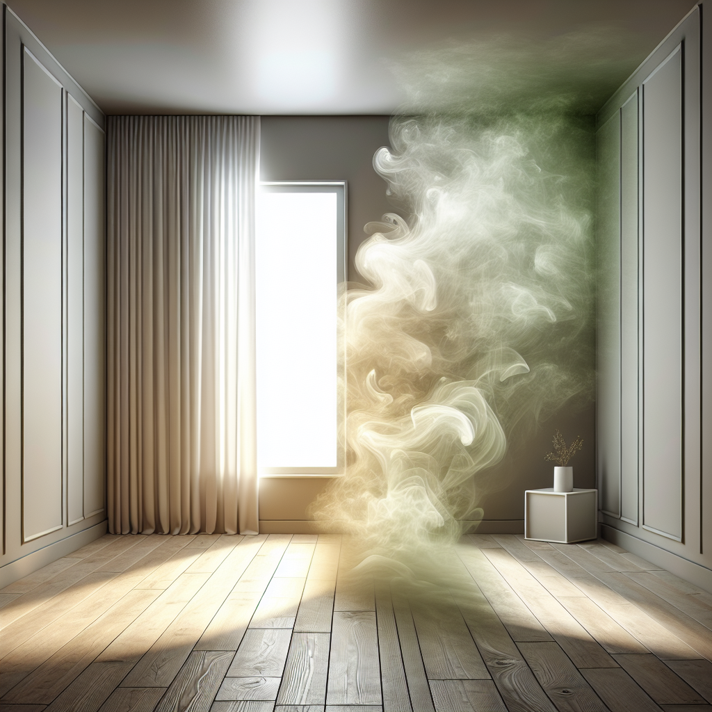 A beautifully minimalist and clean room, but with a subtle, swirling, slightly greenish-brown mist in one corner representing an unpleasant odor. A large window is wide open, and bright, clean, airy light streams in, pushing the mist away and filling the room with a sense of freshness. The overall image conveys relief and cleanliness and the theme of ventilation.