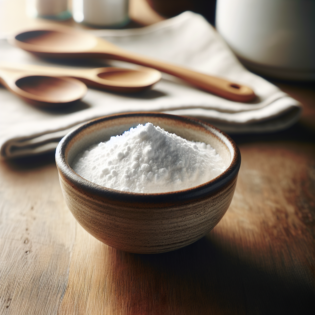 A close-up shot of a small, rustic ceramic bowl filled with white baking soda, placed on a wooden kitchen counter. In the soft background, a hint of a clean, bright kitchen environment suggests a fresh atmosphere. The focus is on the simple, natural remedy, conveying effectiveness and cleanliness.