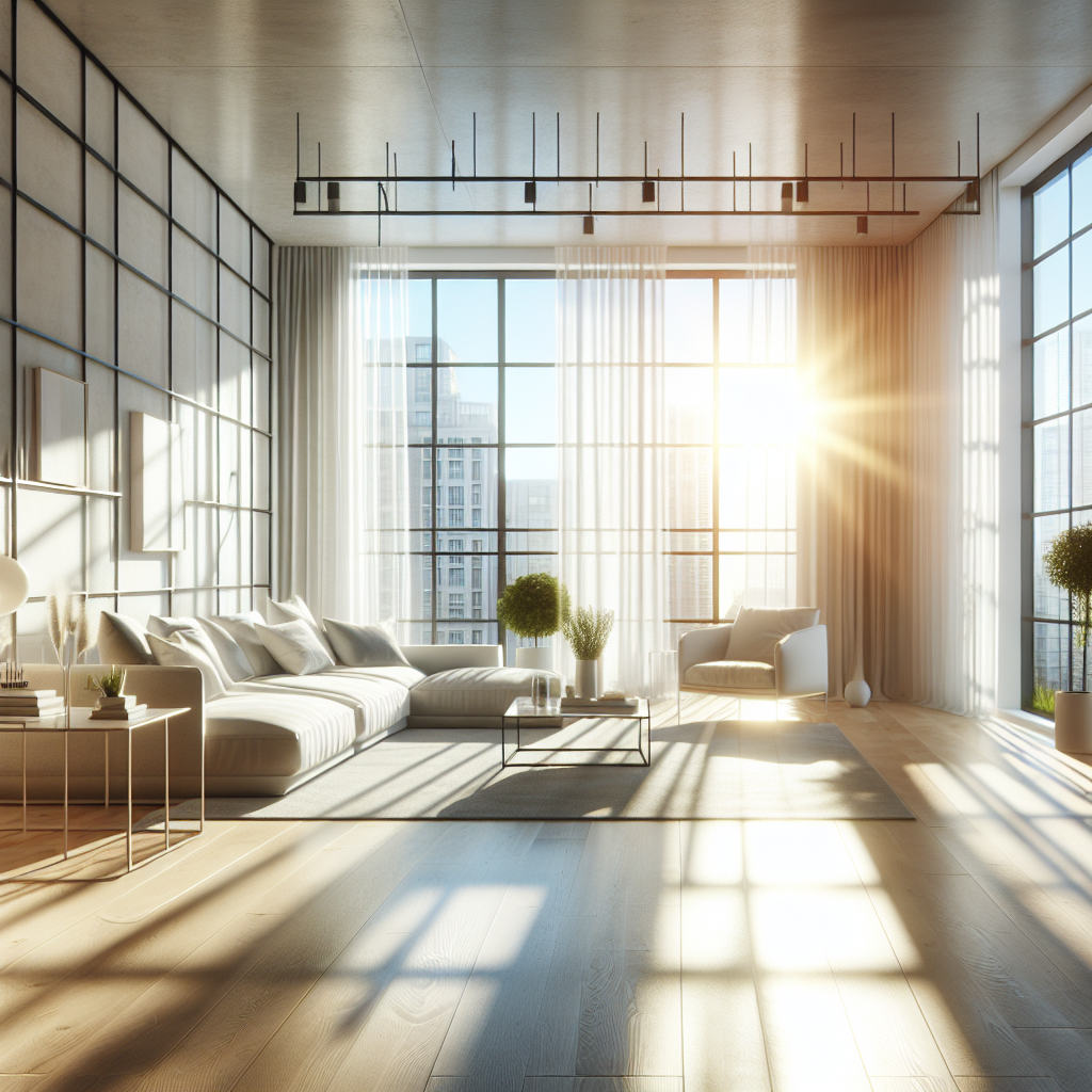 A bright, airy, and impeccably clean minimalist apartment living room. Sunlight streams through large windows, illuminating a space that feels fresh and free of any lingering unpleasant odors. A subtle, almost invisible visual effect in the air suggests a gentle breeze and the dispelling of stale air, replaced by pure, clean air. The ambiance is calm and inviting, showcasing a perfect, refreshing living environment, hyperrealistic photography.