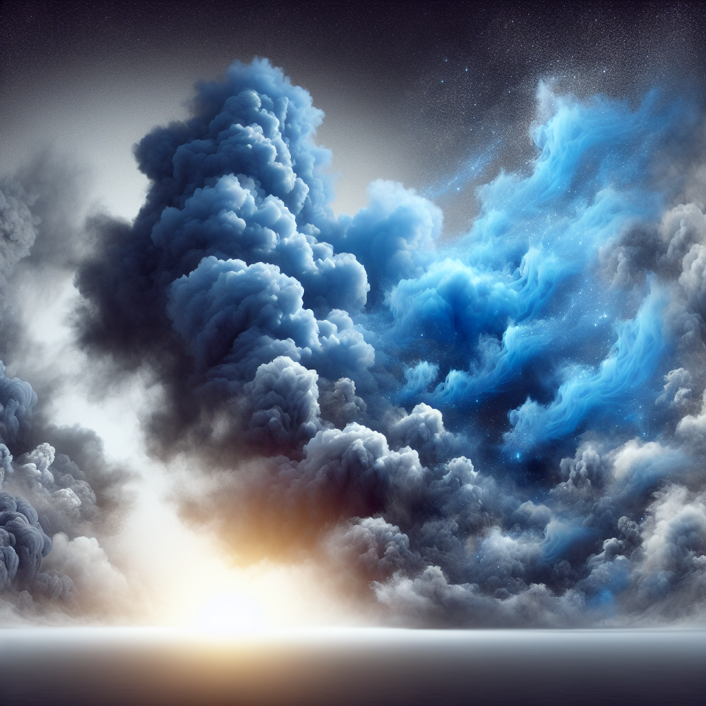 A conceptual and dynamic image depicting dark, swirling clouds representing various unpleasant odors (such as smoke, pet smells, and mustiness) actively being broken down and transformed into bright, pristine, fresh air by a gentle, ethereal blue mist or light, symbolizing ozone. The transformation should be visually clear, conveying a strong sense of cleanliness and renewal.