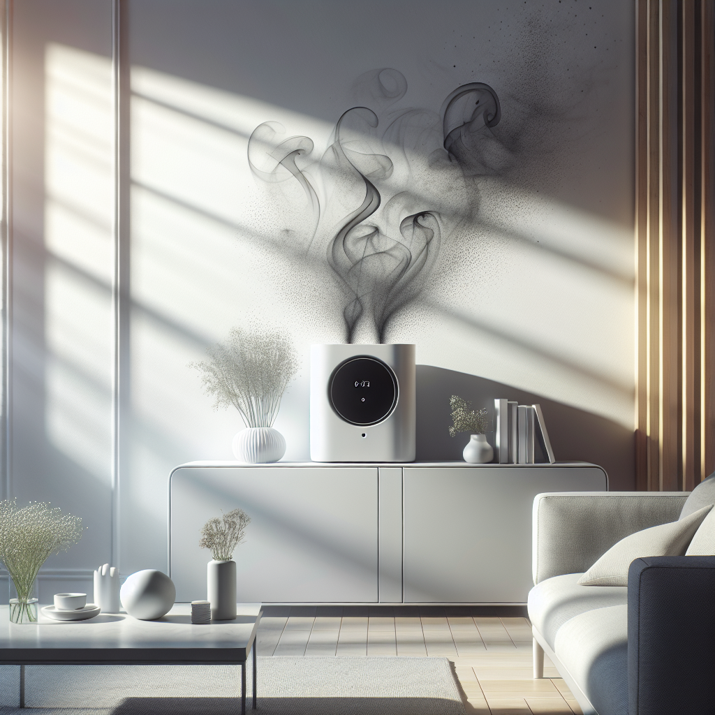 A modern, minimalist ozonator device placed subtly in a corner of a contemporary, clean living room. Faint, dark wisps, representing lingering odors, are visibly dissipating into the surrounding crisp, bright air. Sunlight streams gently through a nearby window, illuminating dust-free surfaces and emphasizing the feeling of fresh, purified air. The scene evokes a sense of calm and ultimate cleanliness.