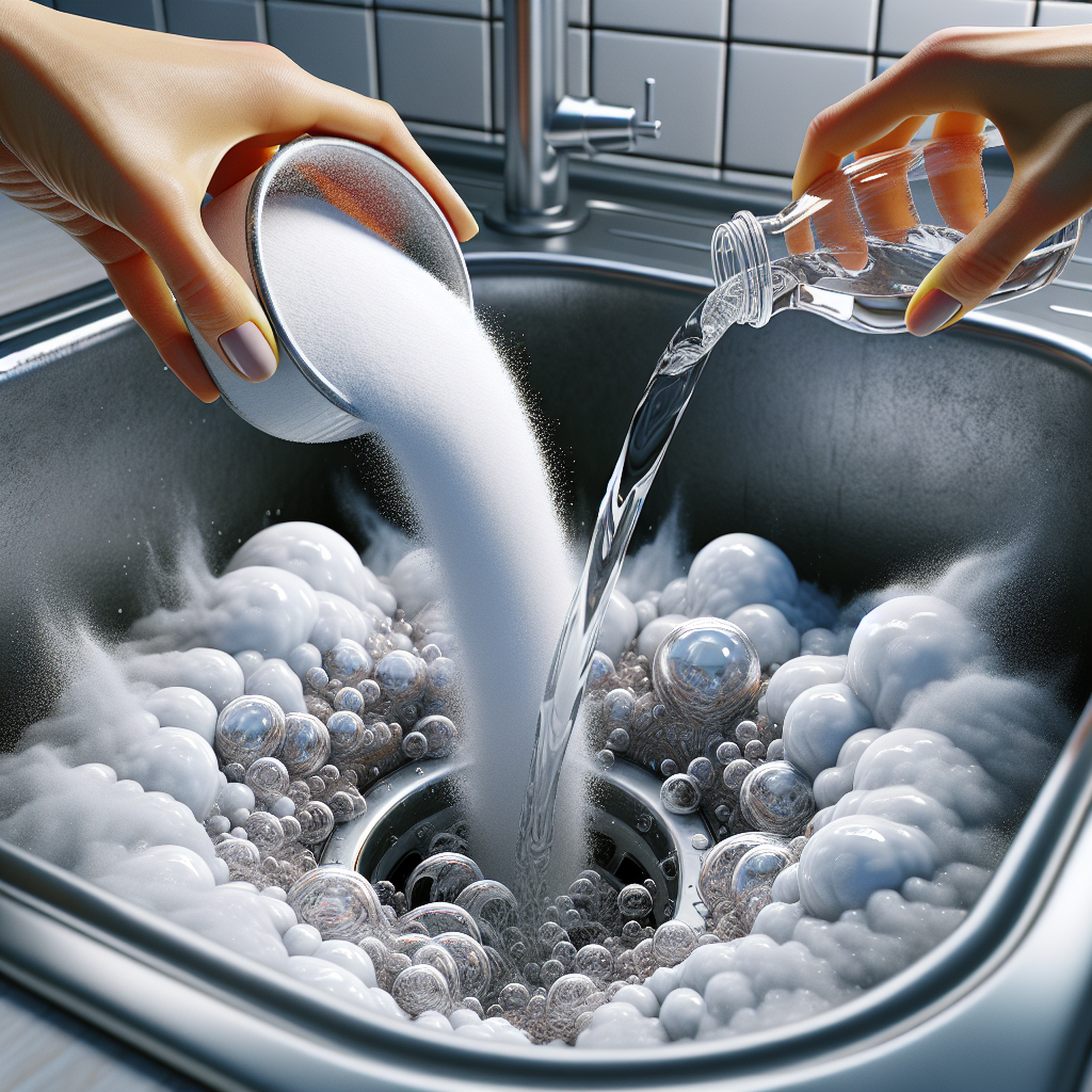 Close-up of hands pouring white powder (baking soda) into a clean kitchen sink drain, followed by a liquid (vinegar) creating a vibrant, bubbly, foaming reaction within the drain. Bright, well-lit scene, realistic photo, emphasizing cleanliness and the chemical reaction.