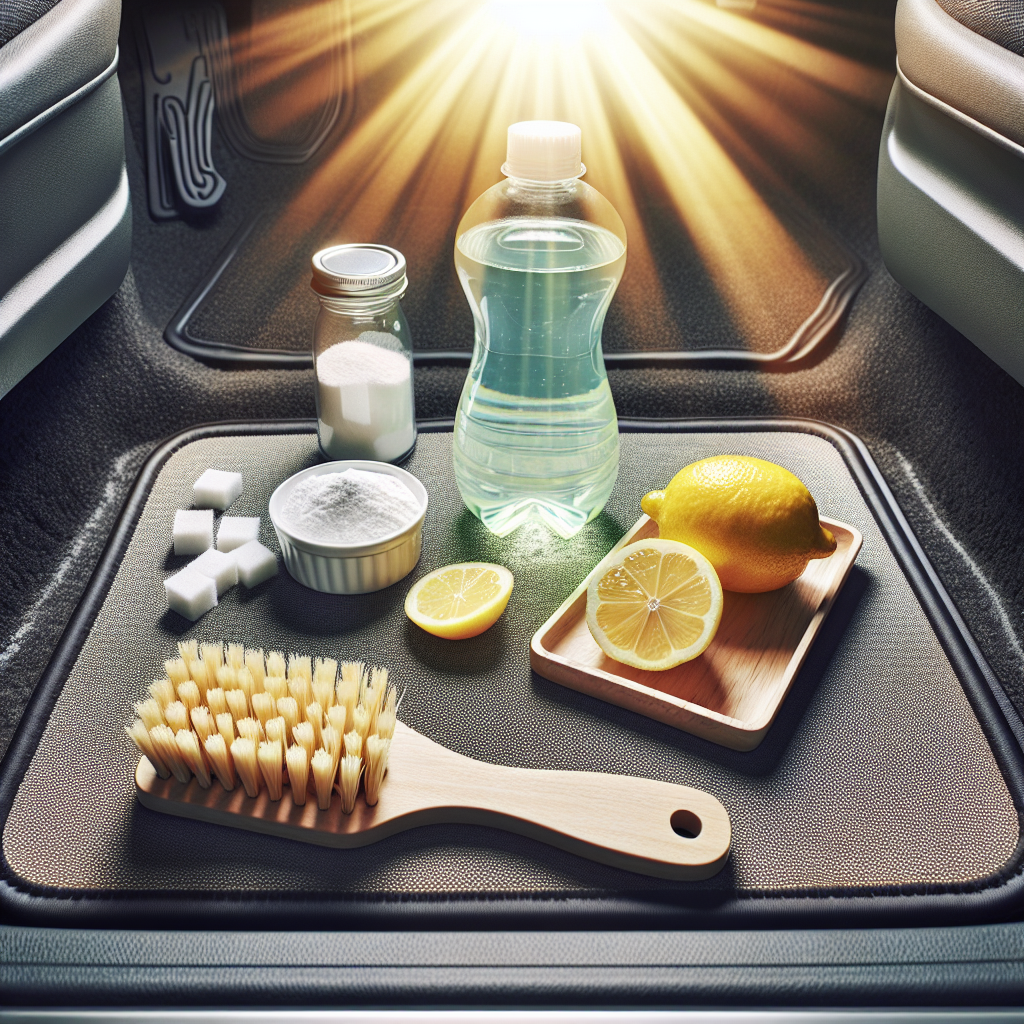 A clean and fresh car interior, bathed in bright sunlight, with subtle elements of various common household cleaning items like a box of baking soda, a small bowl of lemon slices, and a natural fiber brush neatly arranged on the floor mat, symbolizing effective home remedies for odor removal. The overall mood is bright, airy, and inviting.
