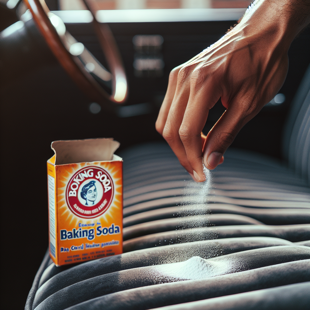 Close-up shot of a hand gently sprinkling white powder, representing baking soda (Natron), onto a dark grey car seat fabric. A vintage-style carton of baking soda is visible on the side. The background shows a slightly blurred, clean car interior, emphasizing the practical, DIY aspect of odor removal. Soft, natural lighting.