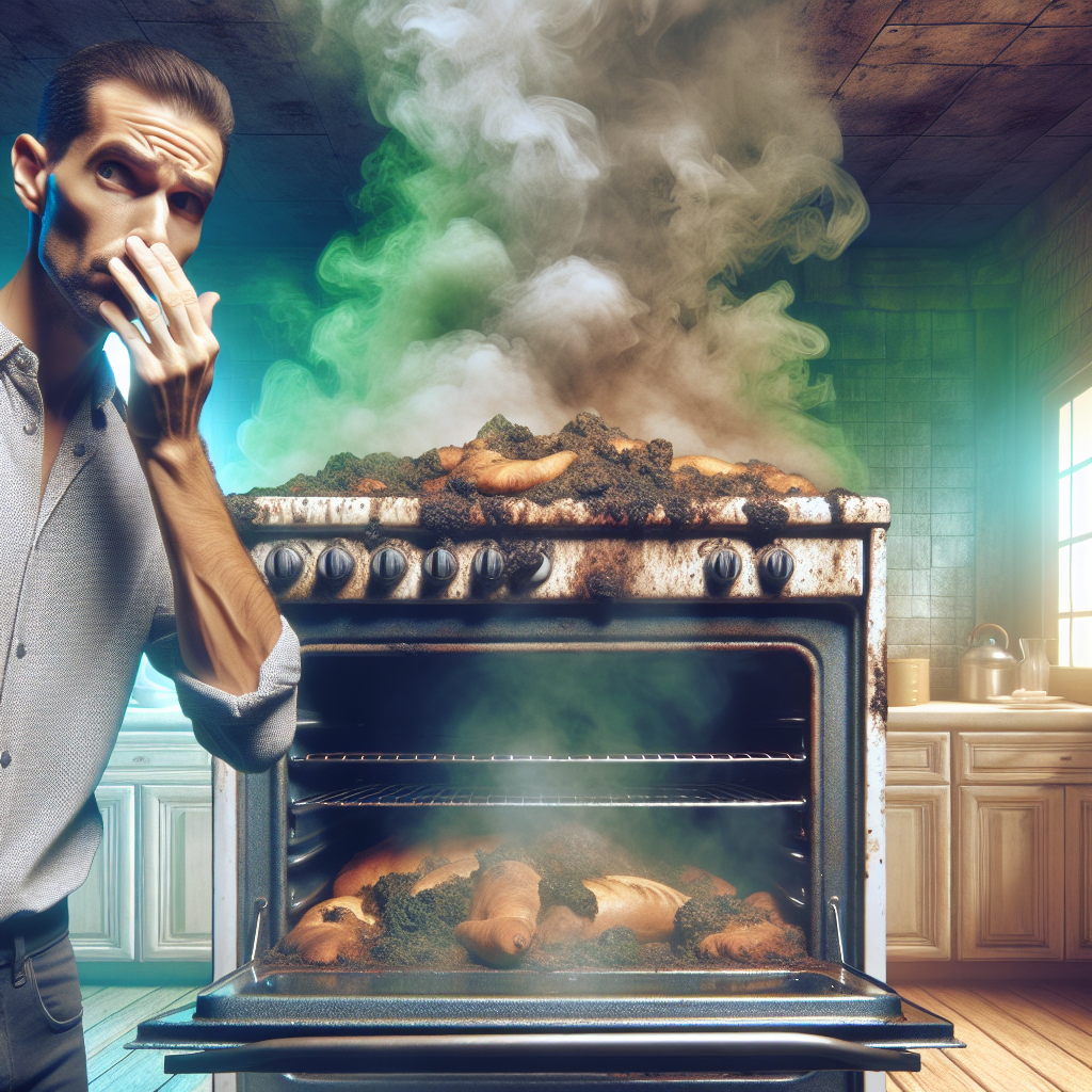 An open, dirty oven emitting visible, unpleasant green and brown fumes, filling a kitchen with a bad smell. A frustrated person is holding their nose, recoiling slightly from the oven. The kitchen background is a bit lived-in, suggesting regular cooking. Realistic photo, dramatic lighting, conveying annoyance.