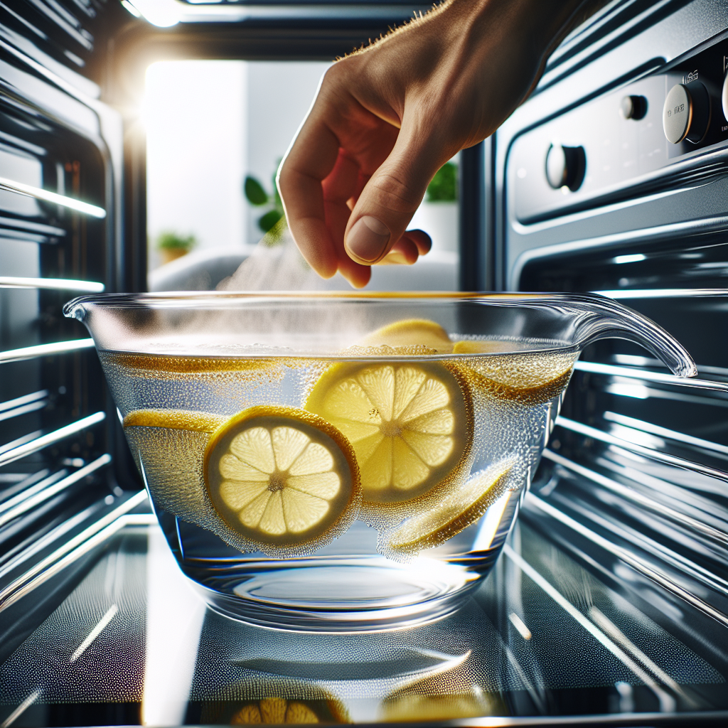 A close-up shot of a hand placing a transparent, heat-resistant bowl filled with water and fresh lemon slices into a sparkling clean, modern oven. A subtle, clean steam rises from the bowl, creating a fresh, bright atmosphere. The oven interior is spotless and gleaming. Macro photography, bright natural light, clean kitchen background.