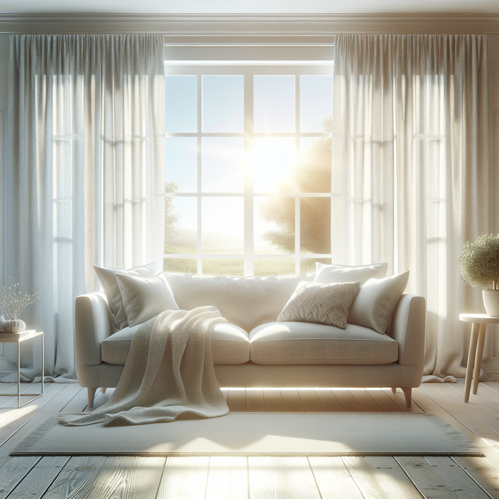 A beautifully clean, fresh-looking fabric couch in a bright and inviting living room. Sunlight streams in through a window, illuminating the comfortable cushions. There are no visible stains or odors. Decorative elements like a soft throw blanket, plump pillows, and a small, fresh potted plant on a nearby side table enhance the sense of cleanliness, comfort, and a pleasant aroma. Emphasize a serene and fresh atmosphere. Realistic, high-quality photograph.