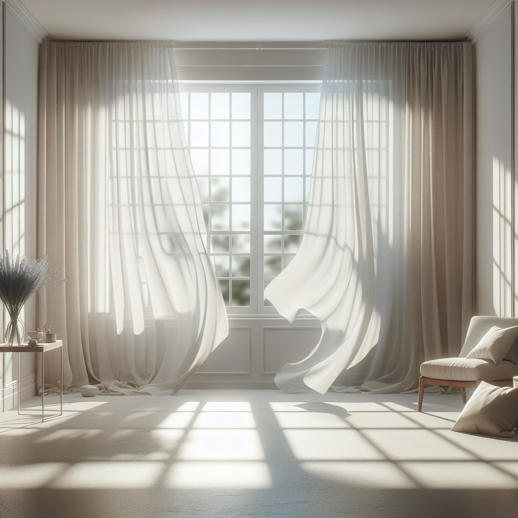 A bright, clean, and minimalist room (living room or bedroom) with open windows, sunlight streaming in, and sheer white curtains gently blowing. The air looks visibly fresh and pure, conveying a sense of renewed cleanliness and comfort. Subtle hints of freshness like a sprig of lavender or a bowl of fresh fruit on a table. Realistic, soft lighting, inviting atmosphere.