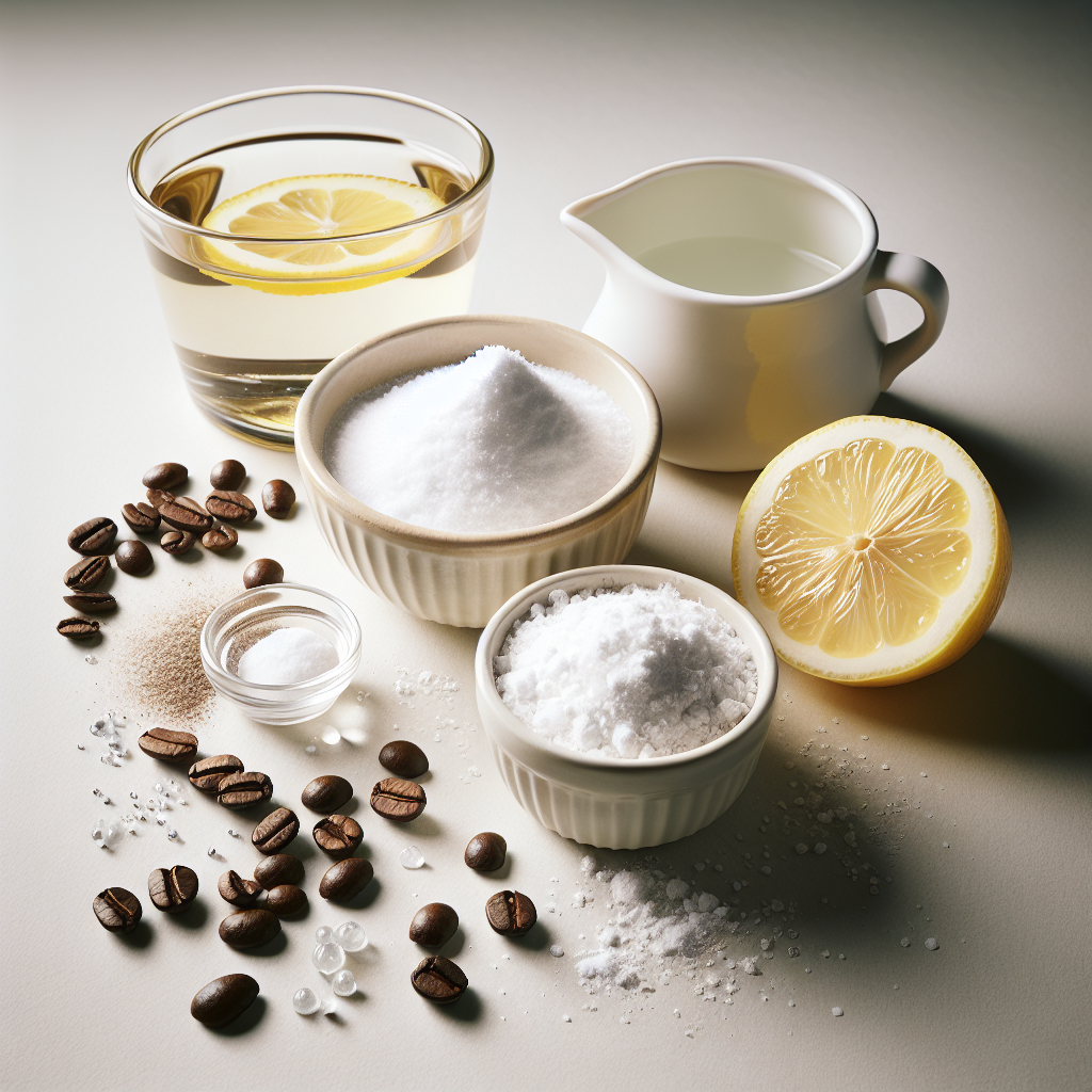 A close-up flat lay composition on a clean, light-colored surface, featuring various natural odor eliminators: a small ceramic bowl filled with white baking soda, a small cup of freshly ground coffee beans, and a clear glass of white vinegar with a lemon slice. The arrangement should be aesthetically pleasing and convey natural cleaning solutions. Bright, even lighting, focus on textures and crisp details.
