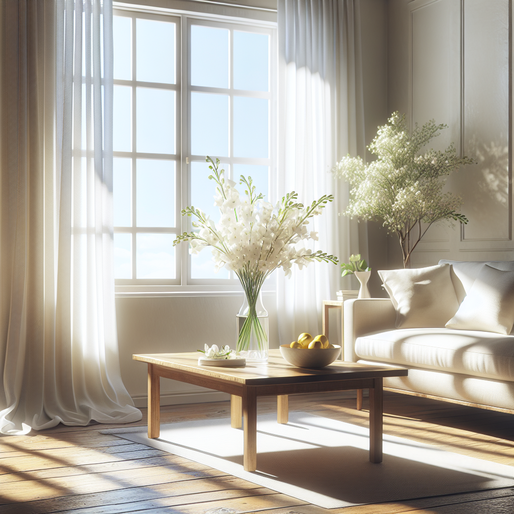 A bright, airy, and impeccably clean living room, bathed in soft morning sunlight streaming through an open window. A gentle breeze is suggested by sheer white curtains billowing slightly. On a wooden coffee table, there's a delicate vase of white freesia and a small bowl of sliced lemons, symbolizing natural freshness. The overall ambiance is tranquil, pure, and inviting. Realistic, detailed photography style.