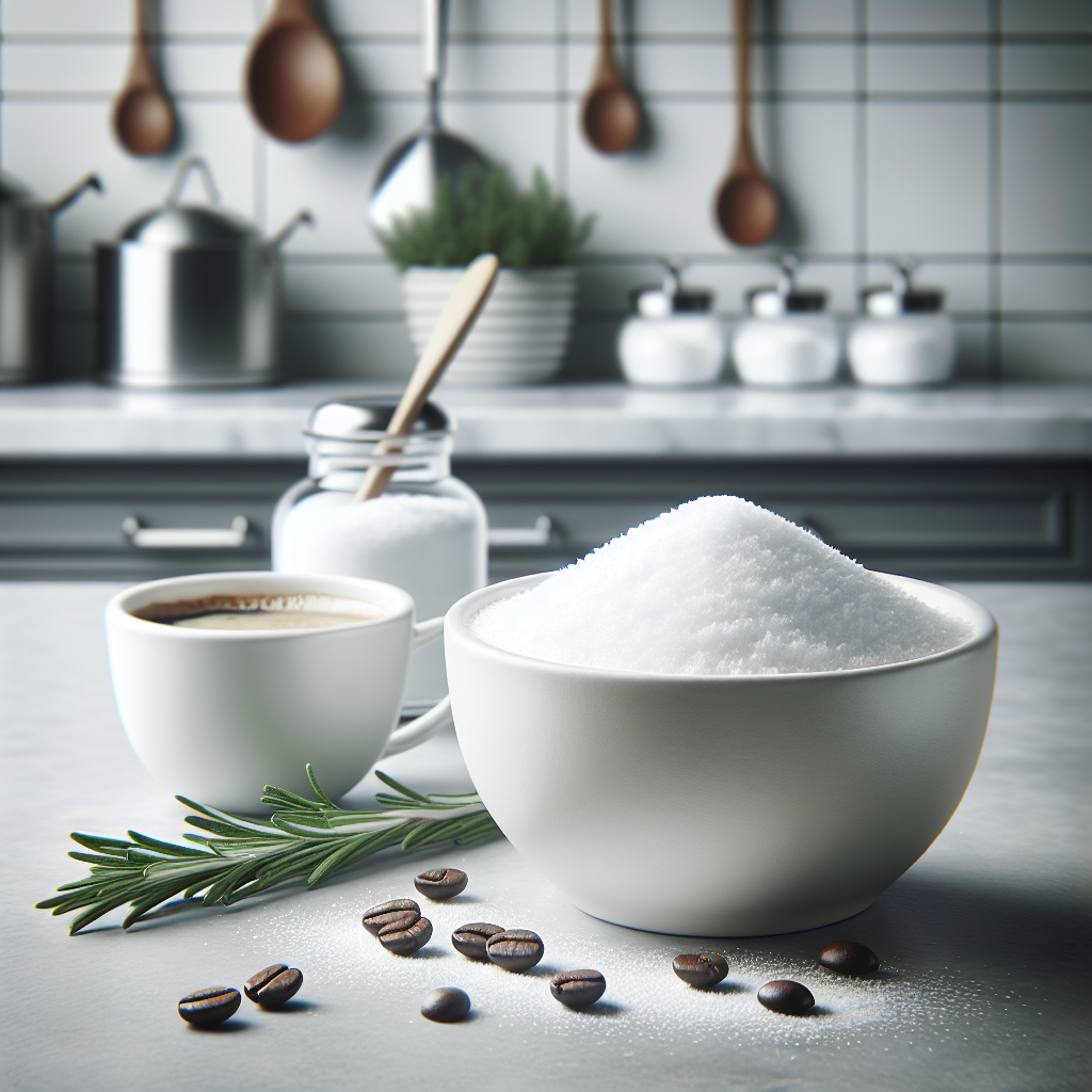 Close-up, eye-level shot of a minimalist white ceramic bowl filled with white baking soda, sitting on a pristine light-colored kitchen counter. Next to the bowl, a few roasted coffee beans and a fresh sprig of rosemary are artfully arranged. The background shows a subtly blurred, modern kitchen with stainless steel accents, hinting at a clean and odor-free environment. Soft, even lighting, detailed macro photography style.
